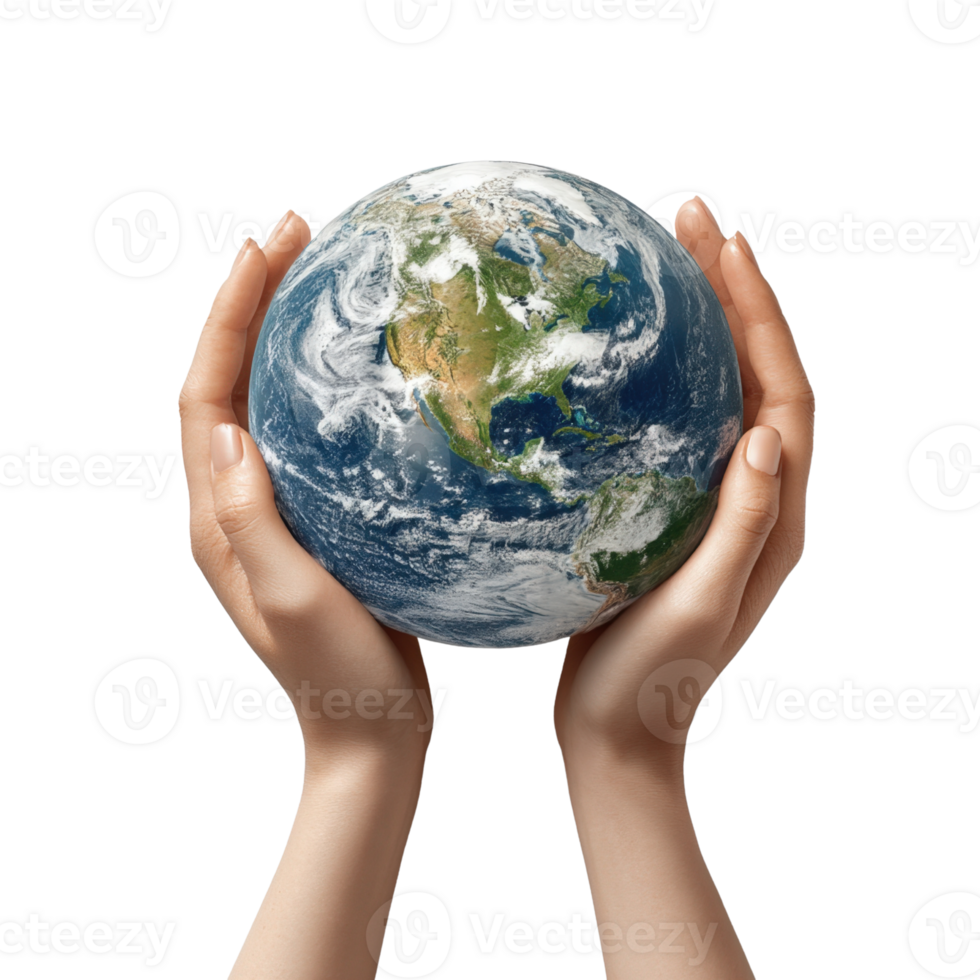 Hands Gently Holding a Detailed Earth Globe Against a Transparent Background png