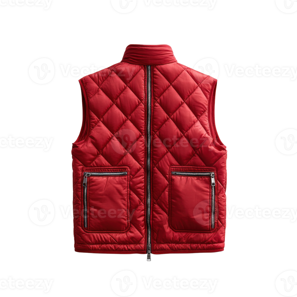 Red Quilted Sleeveless Vest with Diamond Pattern and Pockets Isolated on transparent Background png