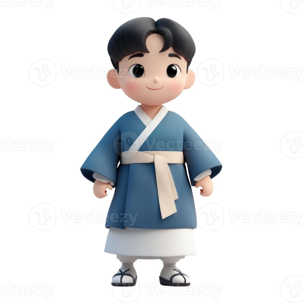 Smiling Cartoon Boy in Blue Hanbok 3D Render Isolated on transparent Background png