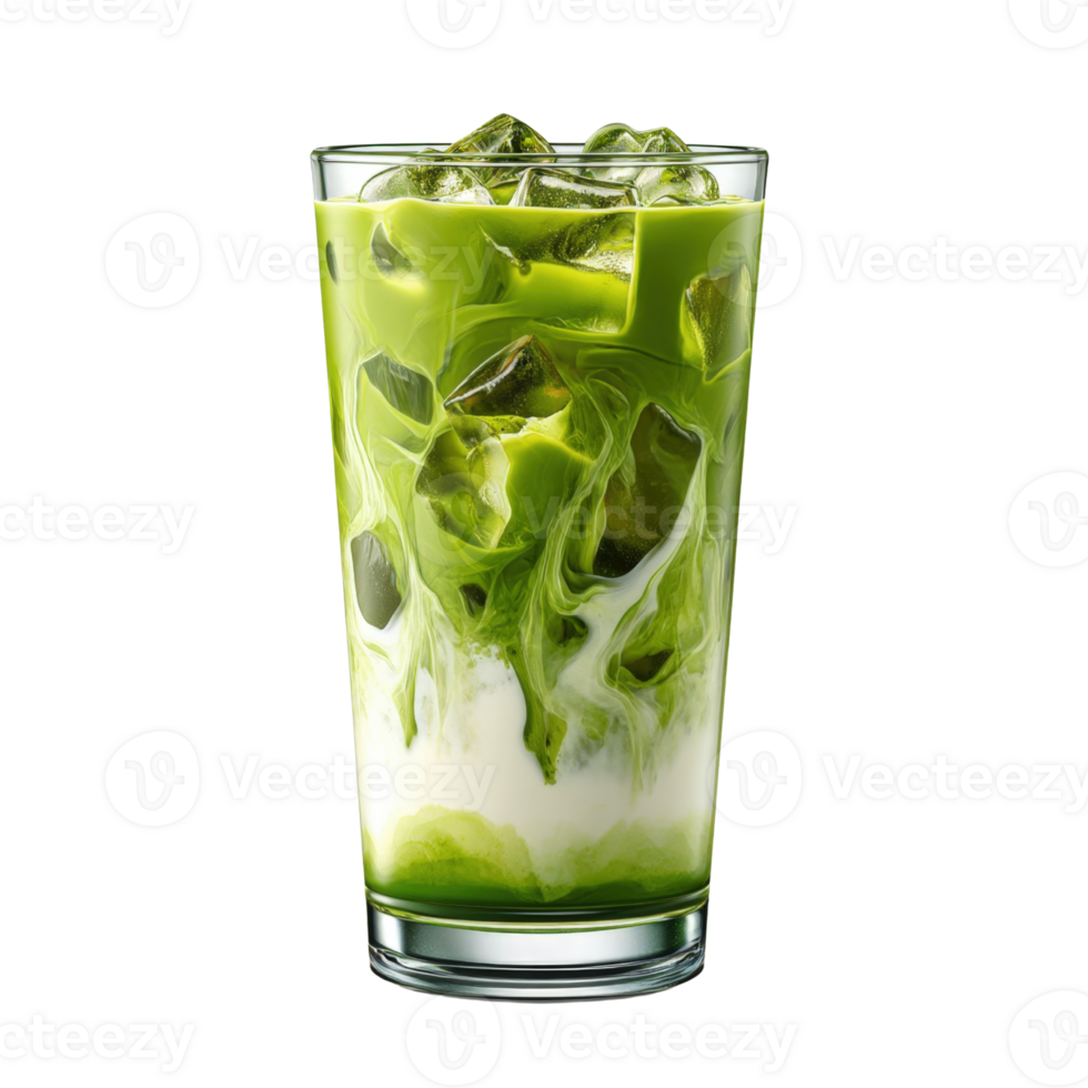 Iced Matcha Latte with Milk and Ice Cubes in Tall Glass Isolated on transparent Background png