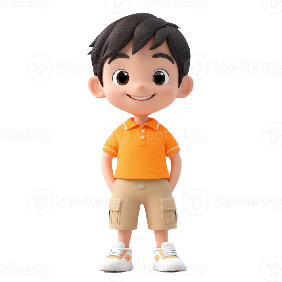 Smiling Cartoon Boy in Orange Shirt and Khaki Shorts Isolated on transparent Background png