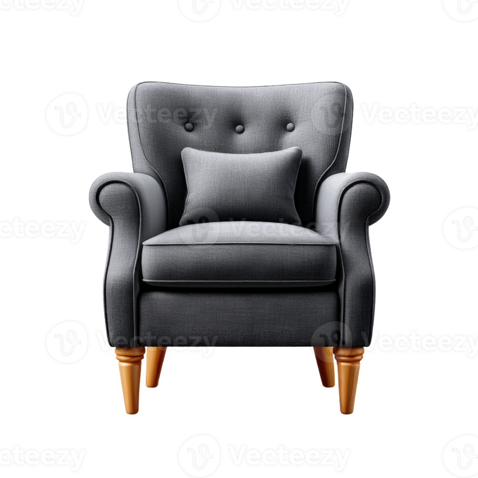 Gray Fabric Armchair with Wooden Legs and Button Tufting on Transparent Background png