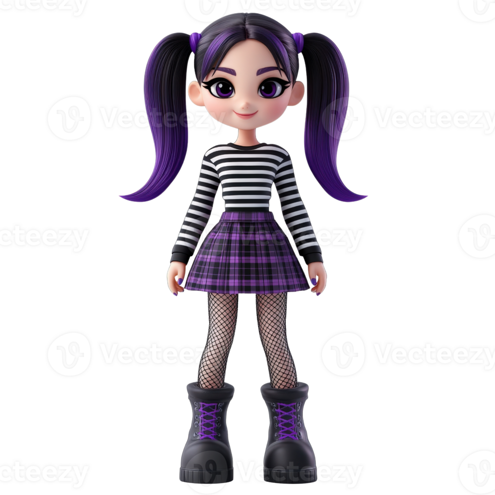 3D Render of a Cute Cartoon Girl with Purple Pigtails Wearing a Striped Shirt and Plaid Skirt Isolated on transparent Background png