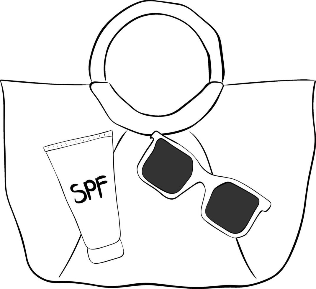 Female bag with beach accessories sunglasses and SPF cream bottle composition. graphic line ink Set of summer design elements. For vacation poster, beach party invitation, backdrop, ad. vector