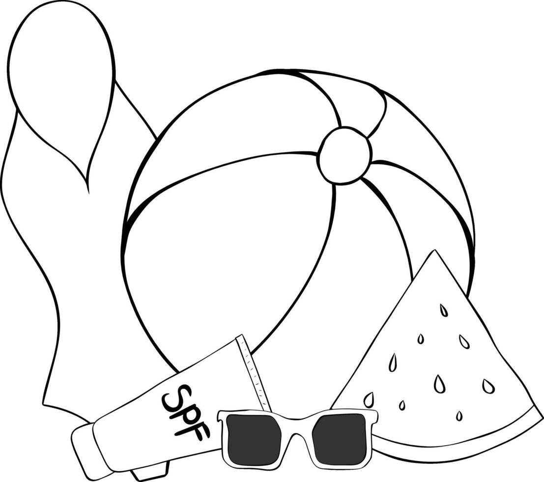 Swimsuit, summer ball, SPF cream, sunglasses, watermelon slice composition. graphic line ink illustration. Bright elements of party Summer. Essentials set for beach. vector