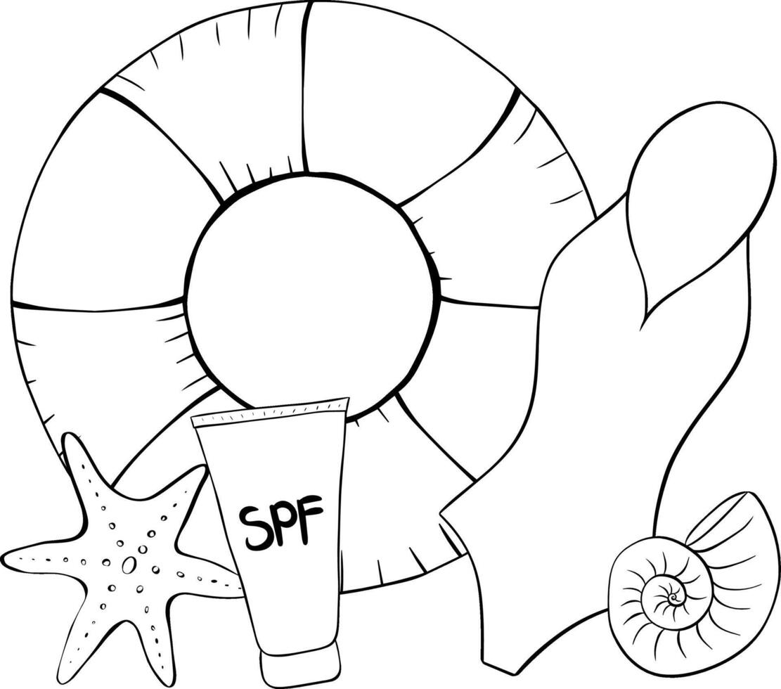 Swimsuit, starfish, seashell, SPF cream composition. graphic line ink Tourist symbols and attributes for relaxing on the beach isolated on a white background for package, cosmetic, textile vector