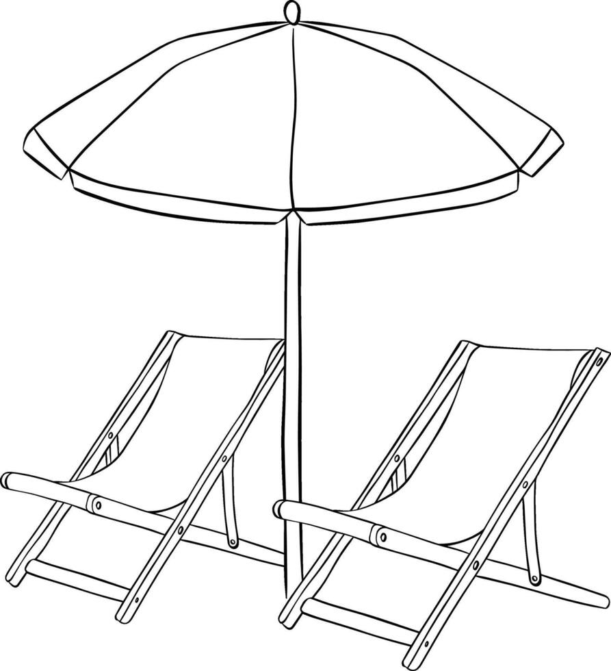 Beach umbrella with pair of sun loungers, graphic line ink composition isolated on white background. Parasol and beach chairs, for package, vacation design, fabric and textile. vector