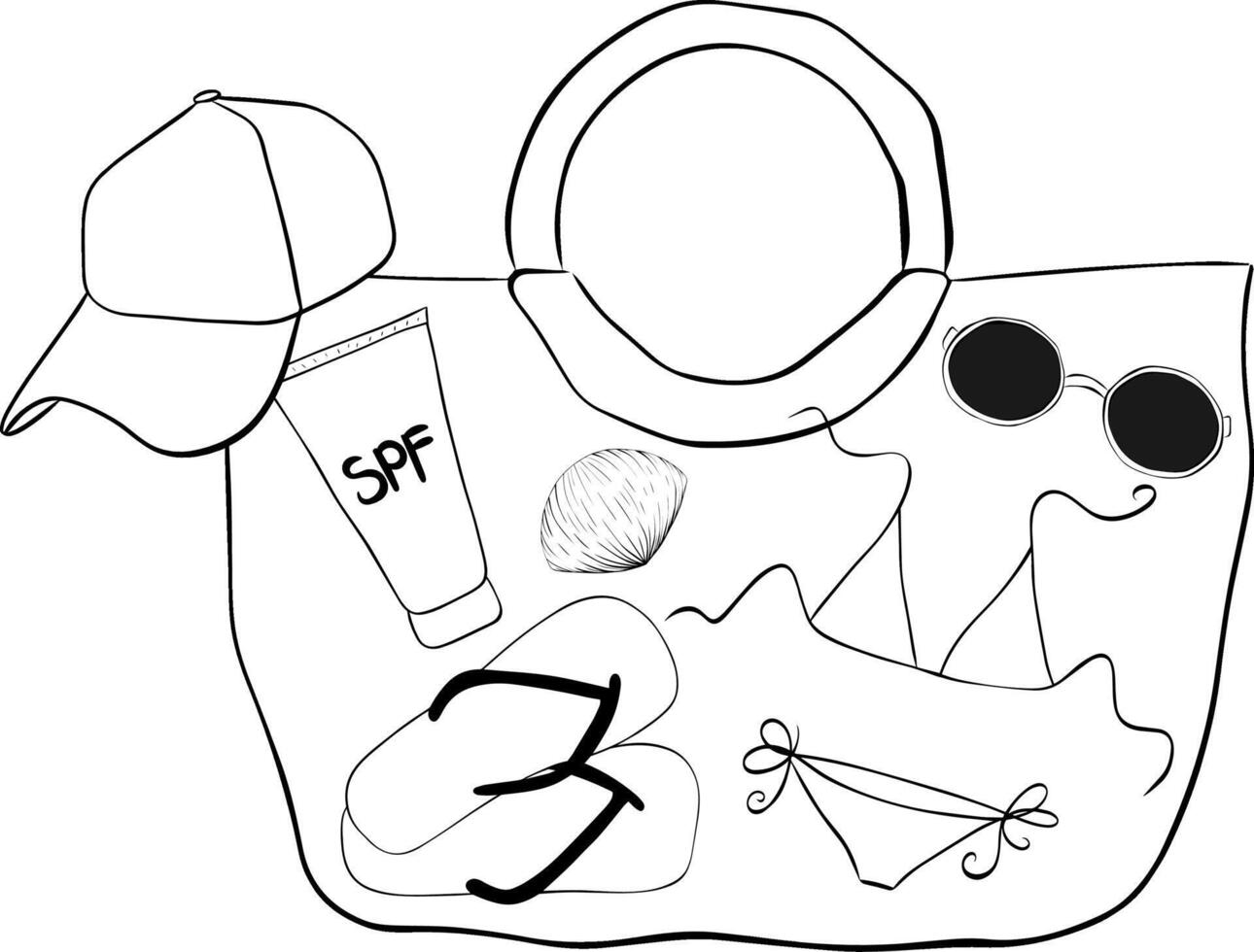 Set of beach essentials, including swimsuits, sunglasses, flip-flops, hats. graphic line ink composition. Perfect for summer, vacation, and seaside fun. vector