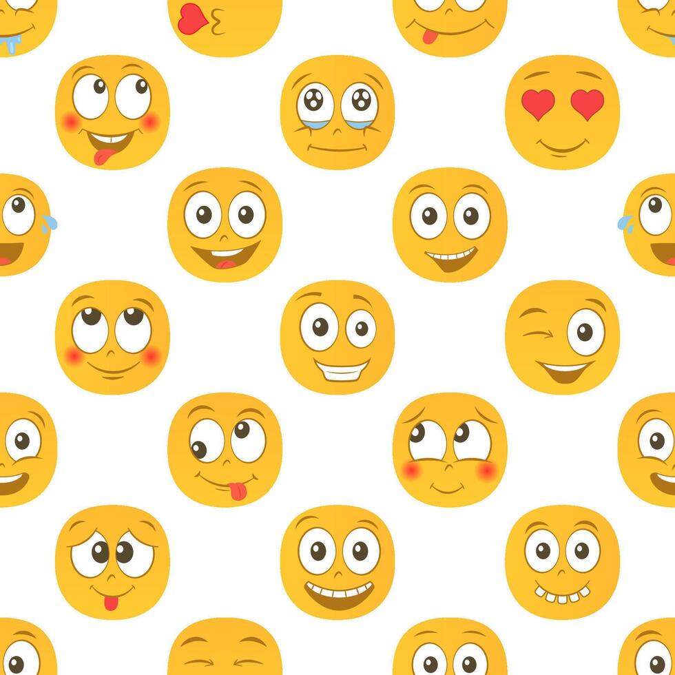 Cartoon colorful emoji seamless pattern design. Background with happy faces smiling, laughing and in love. vector