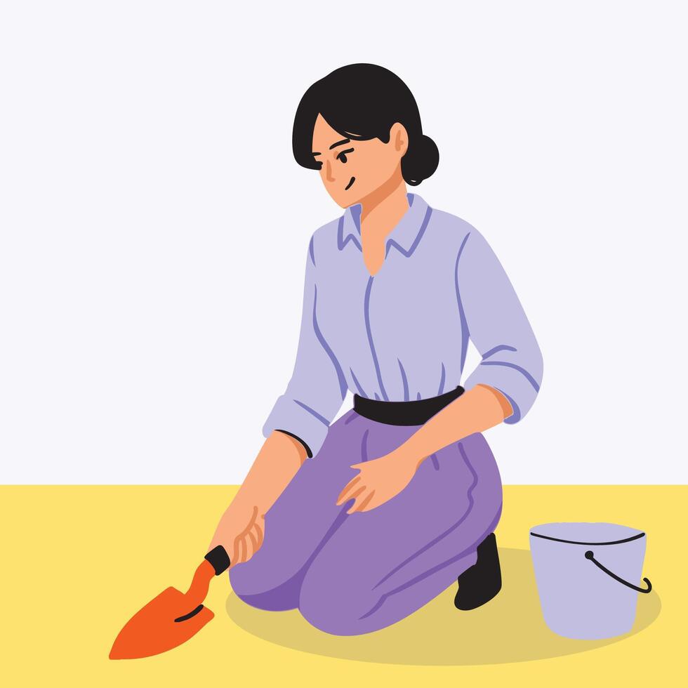 Woman Troweling Soil with Bucket vector