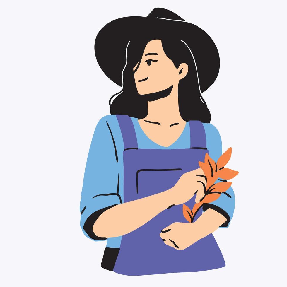 Woman Farmer Holds Wheat Wearing Black Hat vector