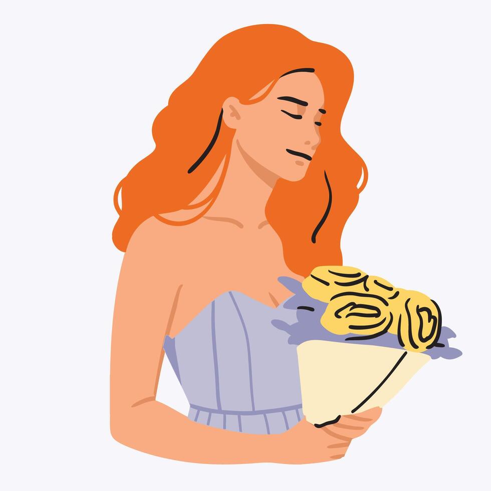 Orange Hair Woman Holds a Flowers Bucket vector