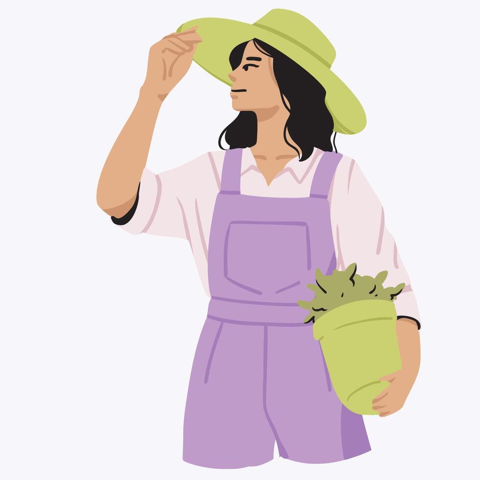 Woman Farmer Holds a Harvest Wearing a Hat vector