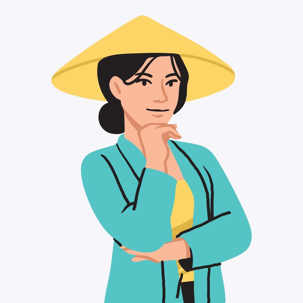 Asian Woman Farmer with Traditional Hat vector