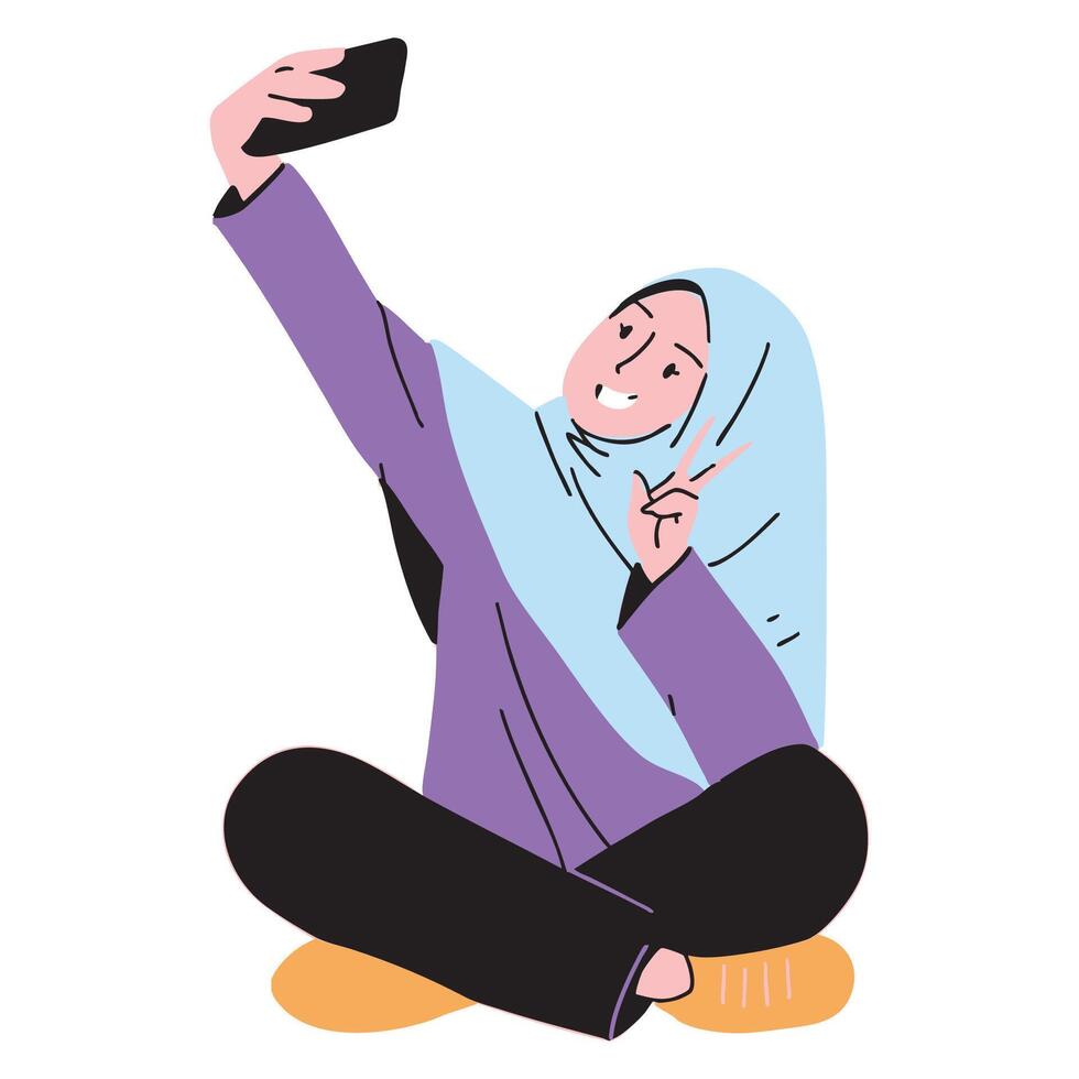 Woman in Hijab Taking Seated Selfie vector