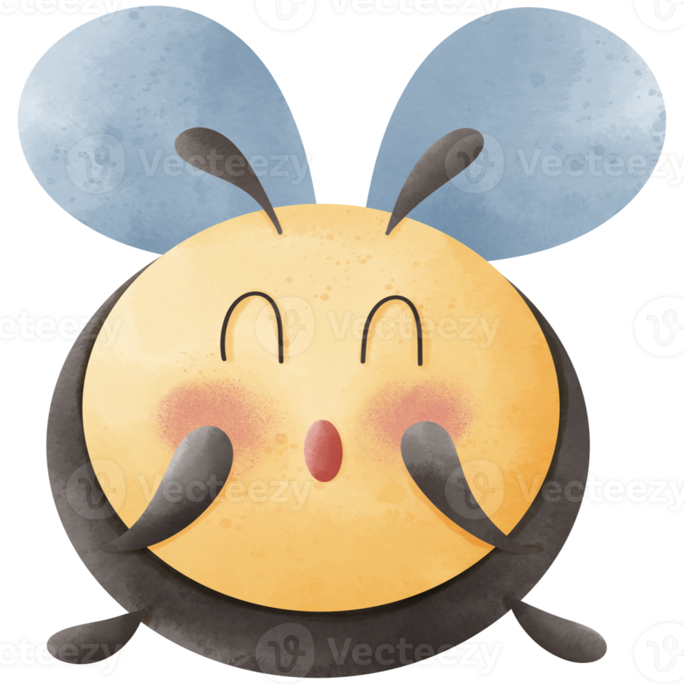 This image shows a cute, round bee with a surprised expression. The bee is yellow with black stripes, blue wings and antennae. Its eyes are closed in an upward curve and it has pink cheeks. png