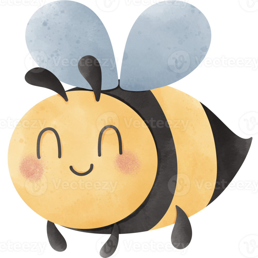 A cute cartoon of a honey bee. The bee has a round yellow body with black stripes, small black legs, and two light blue wings. The bee has a smiling face with pink cheeks and black antennae. png