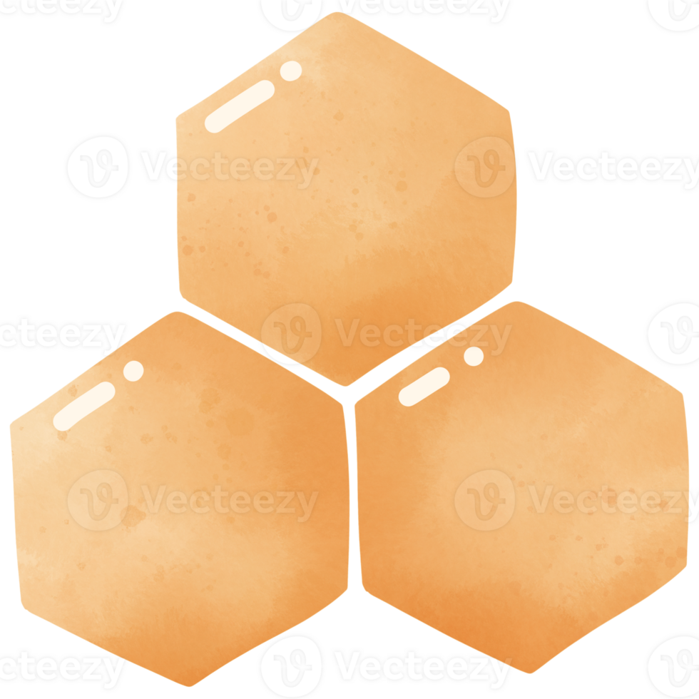Three orange hexagons connect at a central point, forming a hexagon cluster. Each has a small white highlight, giving it a shiny, honeycomb-like surface. png