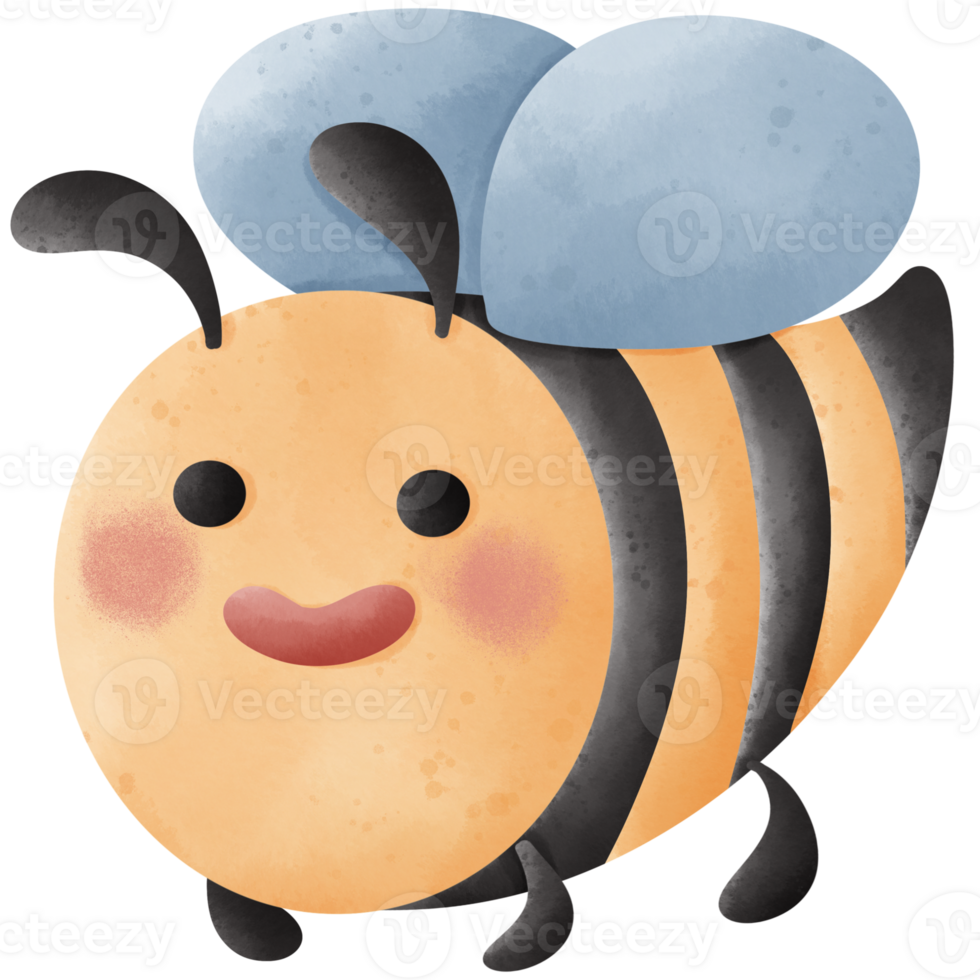 Cute cartoon of a bee. The bee is round and orange with black stripes, small black eyes, pink cheeks, and a red smile. The bee has black antennae, two pairs of light blue wings, and small black legs. png