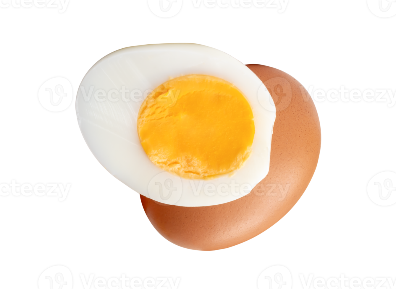 Raw chicken eggs and cooked or boiled chicken egg with egg yolk in half in stack isolated with clipping path in file format png