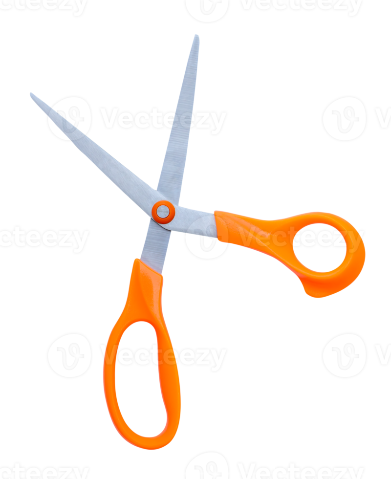 Top view of a pair of multipurpose scissors with orange handle isolated in file format png