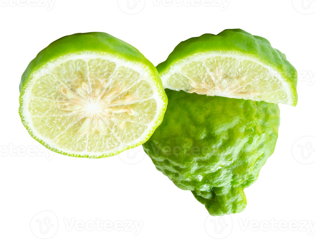 Side view of fresh green bergamot fruit or kaffir lime with half and slice or quarter in stack isolated with clipping path in format png