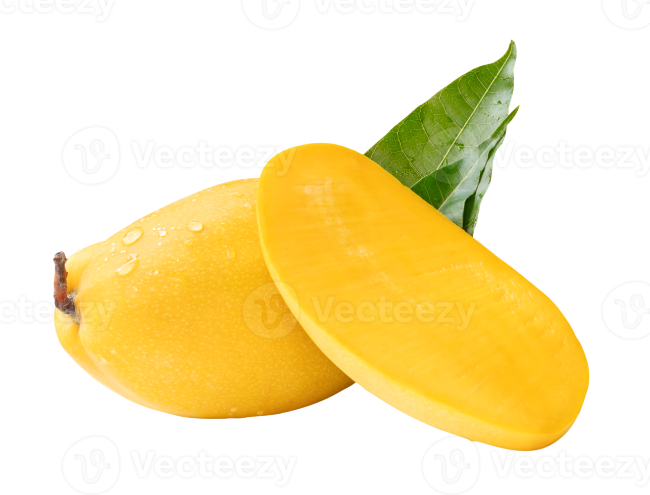 Single ripe yellow mango and half with green leaves and water droplets in cross shape isolated with clipping path in file format png