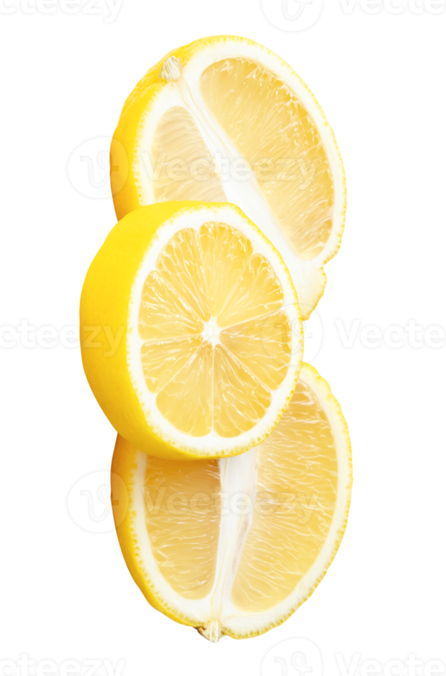 Three ripe yellow lemon pieces in two ellipses and one circle slice in stack isolated with clipping path in file format png