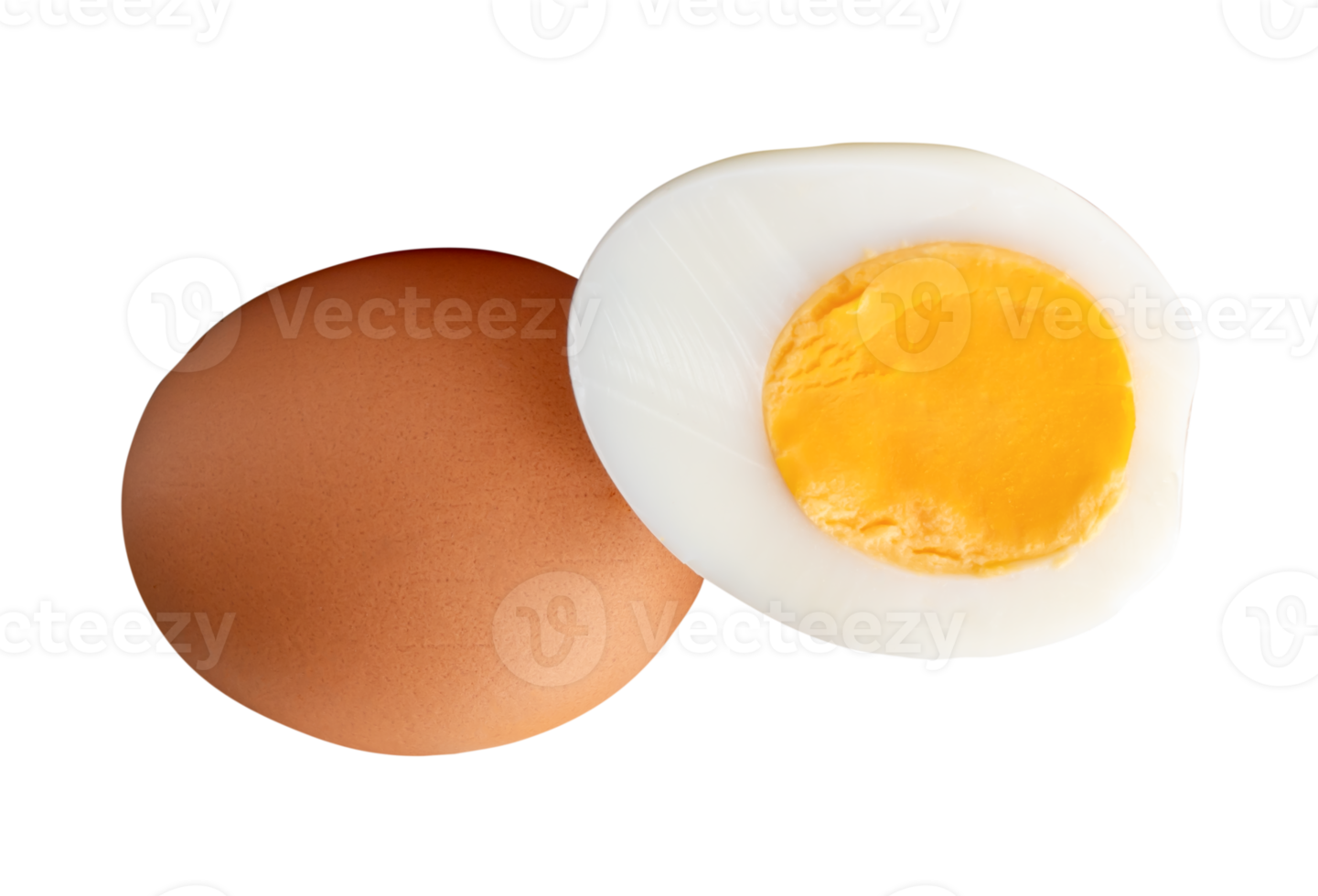 Raw eggs and cooked or boiled chicken egg with egg yolk in half in stack isolated with clipping path in file format png