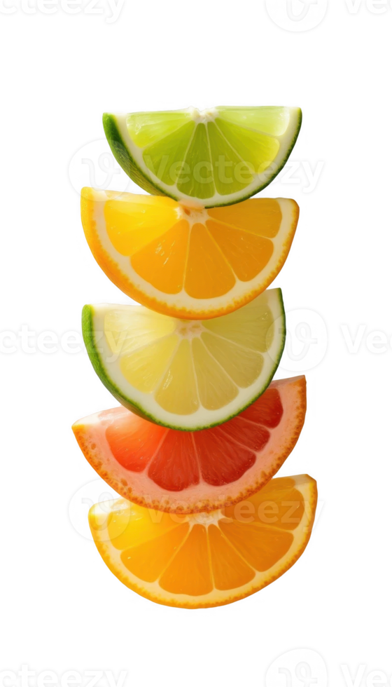 A Vibrant Stack of Citrus Fruit Slices Lime, Orange, Lemon, Grapefruit, and Orange A Refreshing Summer Still Life Photography png