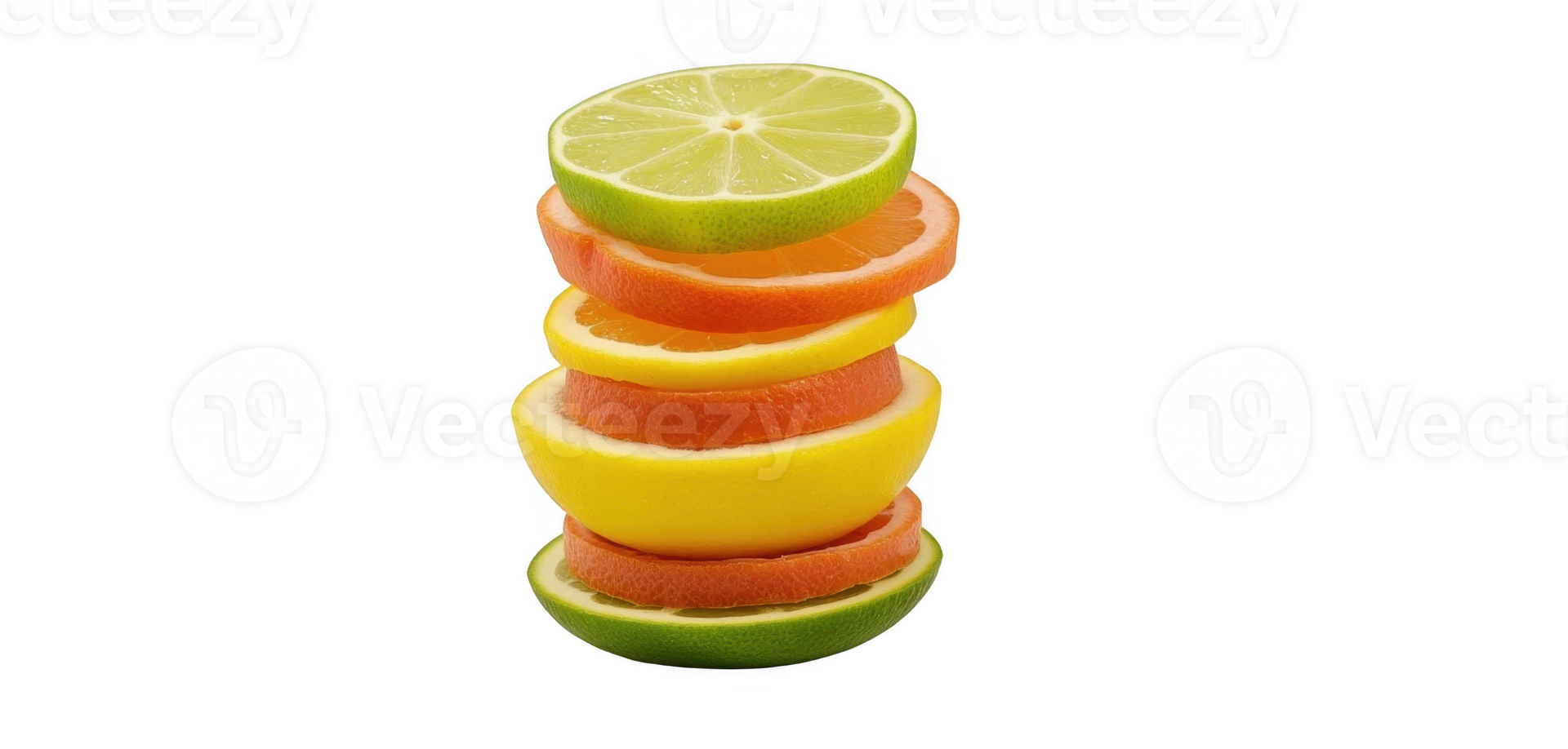 A Vibrant Stack of Citrus Fruit Slices Lime, Orange, Lemon, Grapefruit, a Delightful Display of Freshness and Zesty Colors png