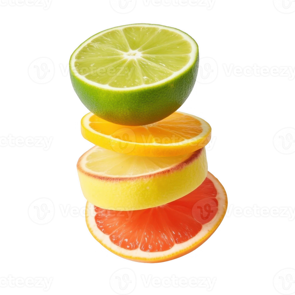 Vibrant Citrus Stack Lime, Orange, Lemon, Grapefruit Slices in Airy Levitation png