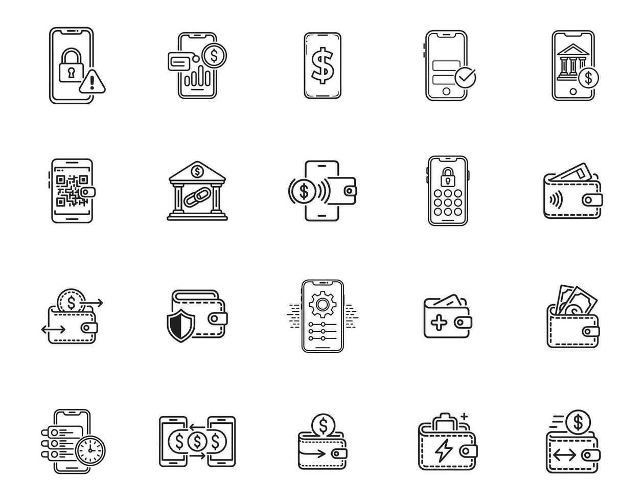 Mobile Payment and E-Wallet Line Icons vector