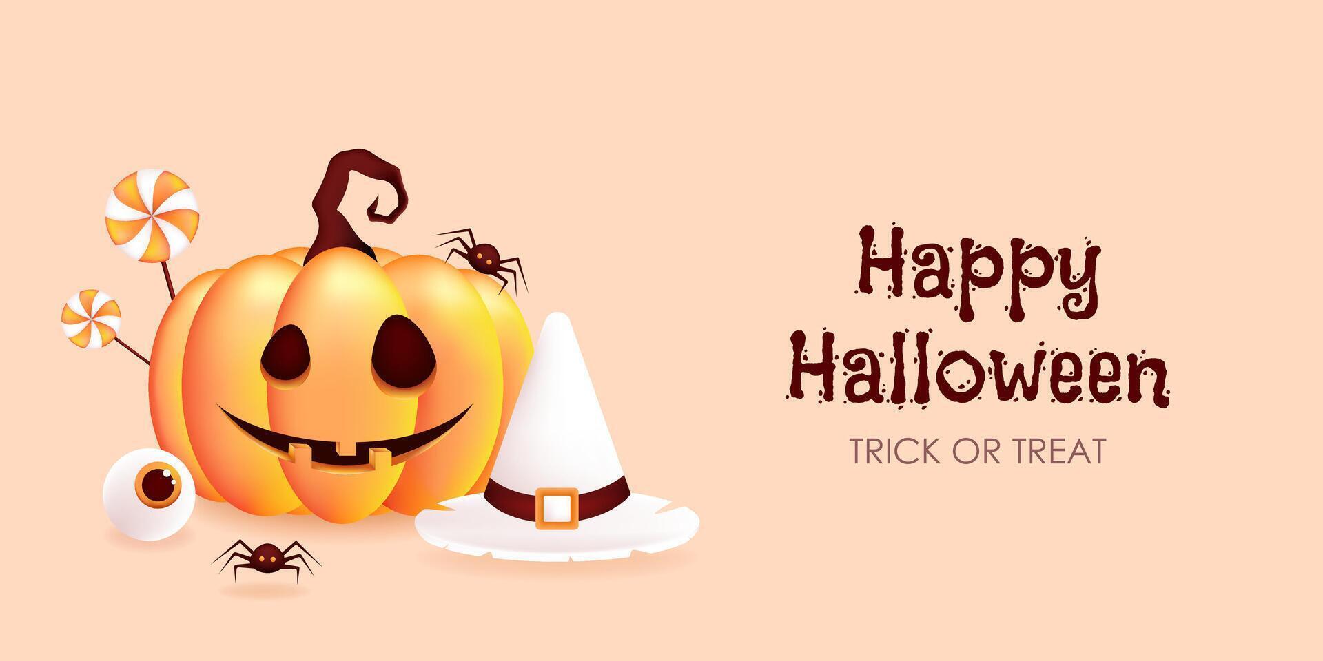 Happy Halloween. Jack-O'-Lantern pumpkin with witch hat, lollipops and spider. 3D illustration vector