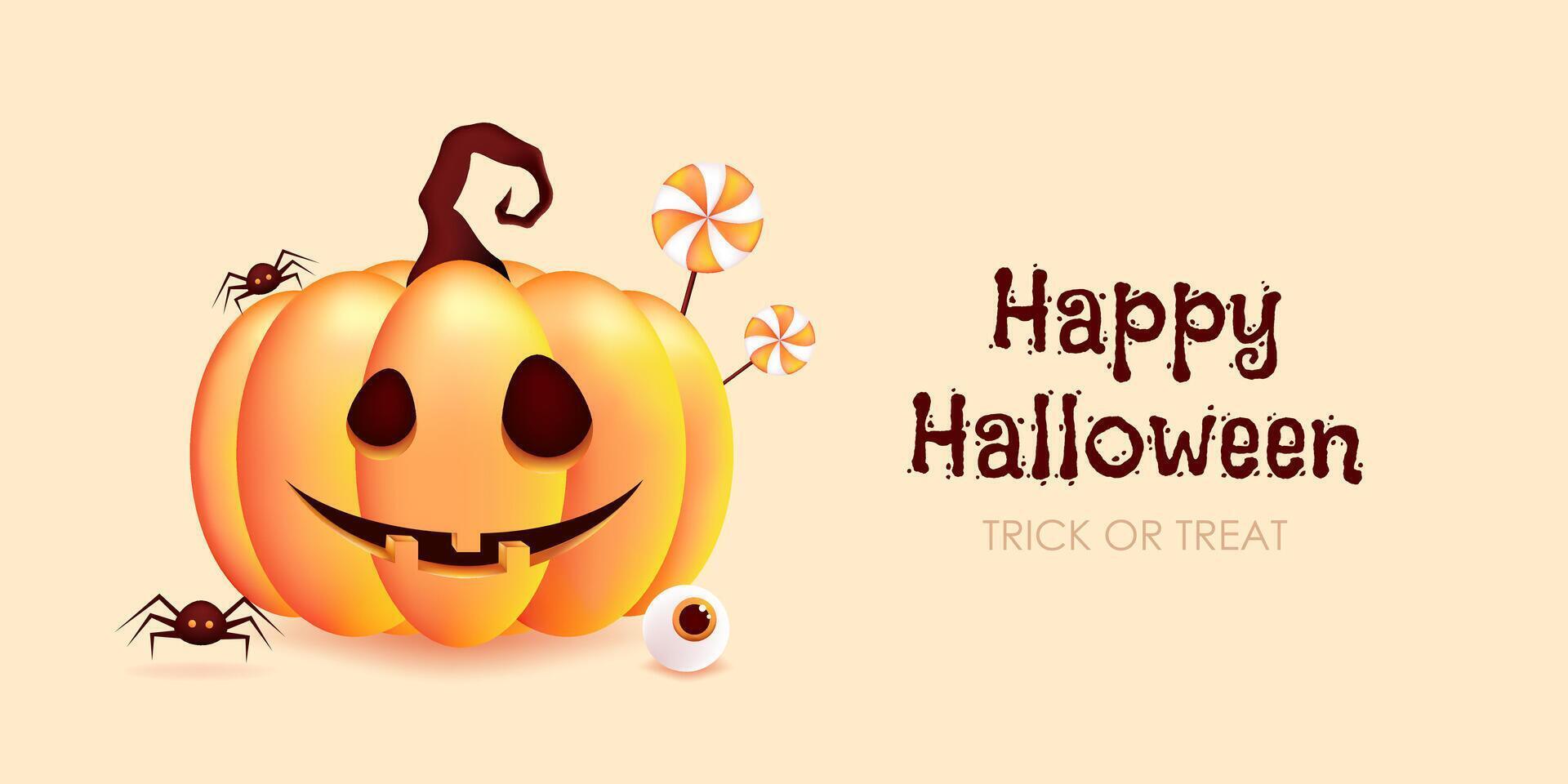 Happy Halloween. Jack-O'-Lantern pumpkin with spiders, lollipops and eye. 3D illustration vector