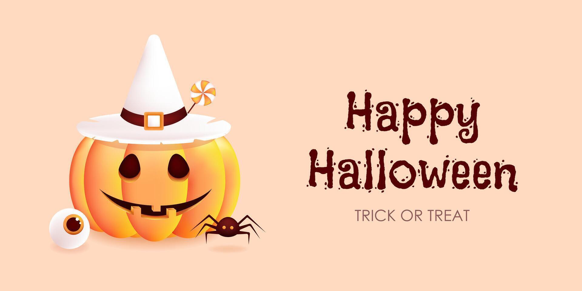 Happy Halloween. Jack-O'-Lantern pumpkin with witch hat, lollipops, spider and eye. 3D illustration vector