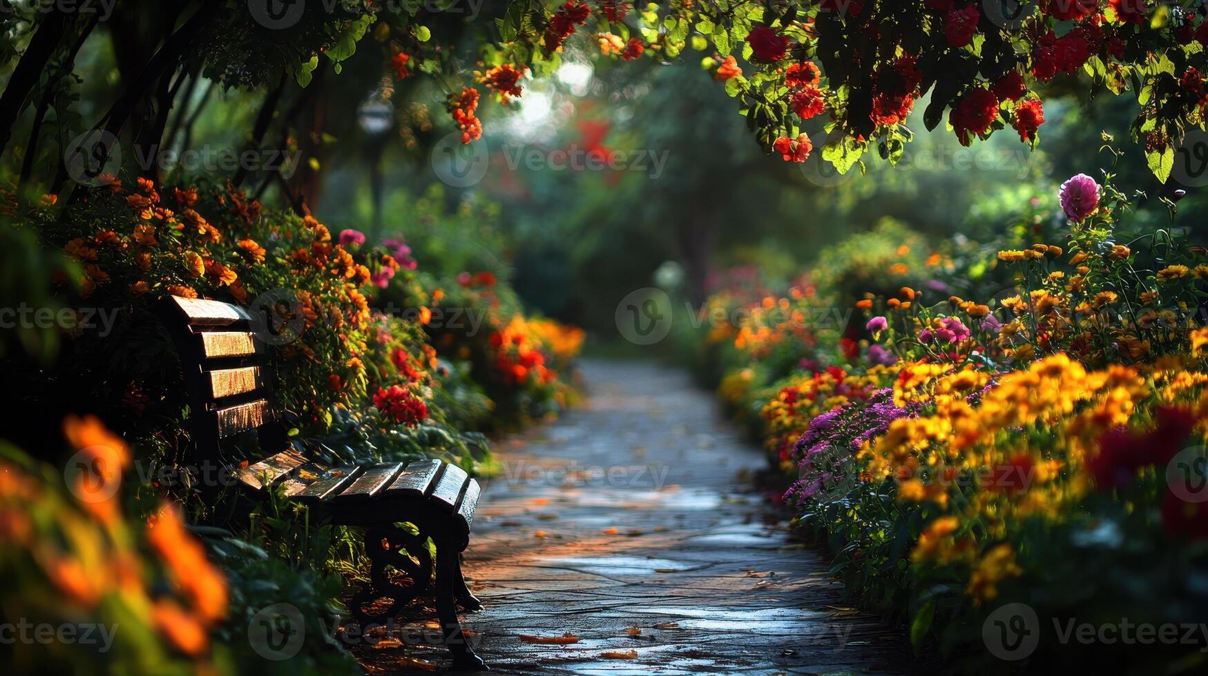 Lush garden pathway adorned with vibrant flowers and greenery, inviting relaxation with a wooden bench under a floral canopy. photo