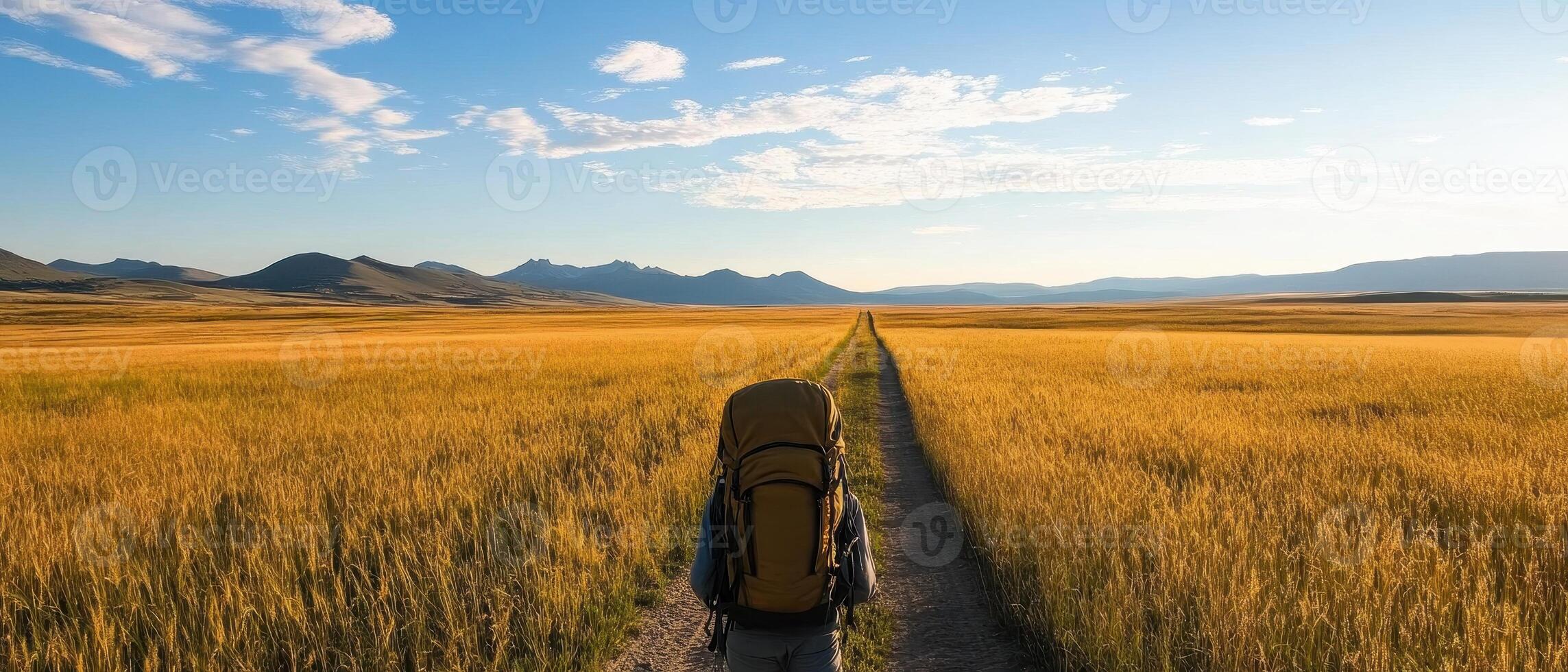 A hiker with a backpack walks along a path through a golden landscape under a clear blue sky, surrounded by distant mountains. photo
