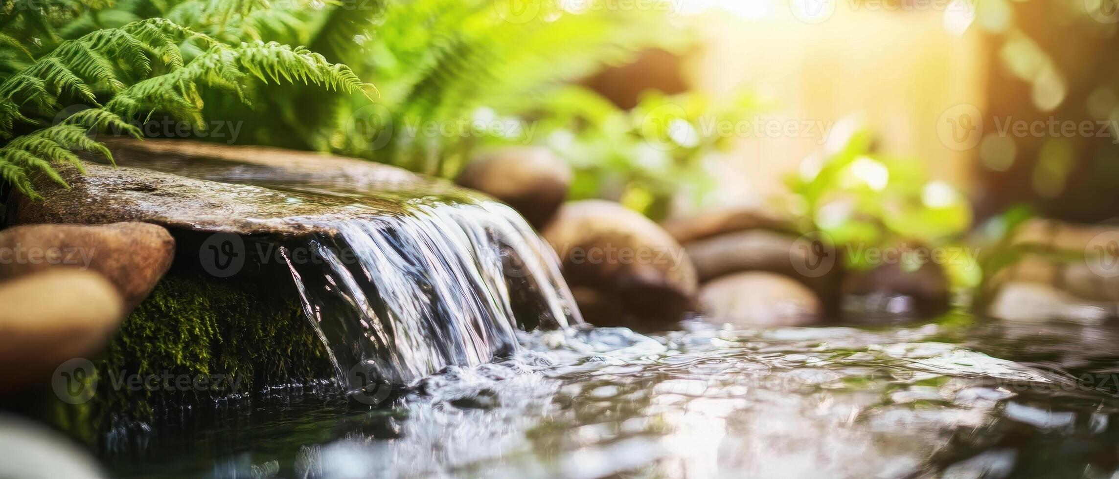A serene waterfall cascades over stones, surrounded by lush greenery, creating a tranquil natural scene. photo