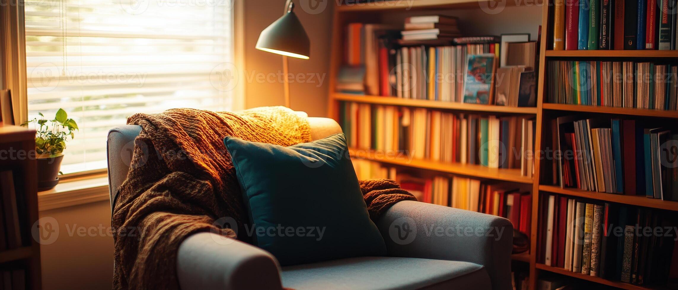 Cozy reading nook featuring an armchair, plush blanket, and bookshelves filled with books under soft natural light. photo