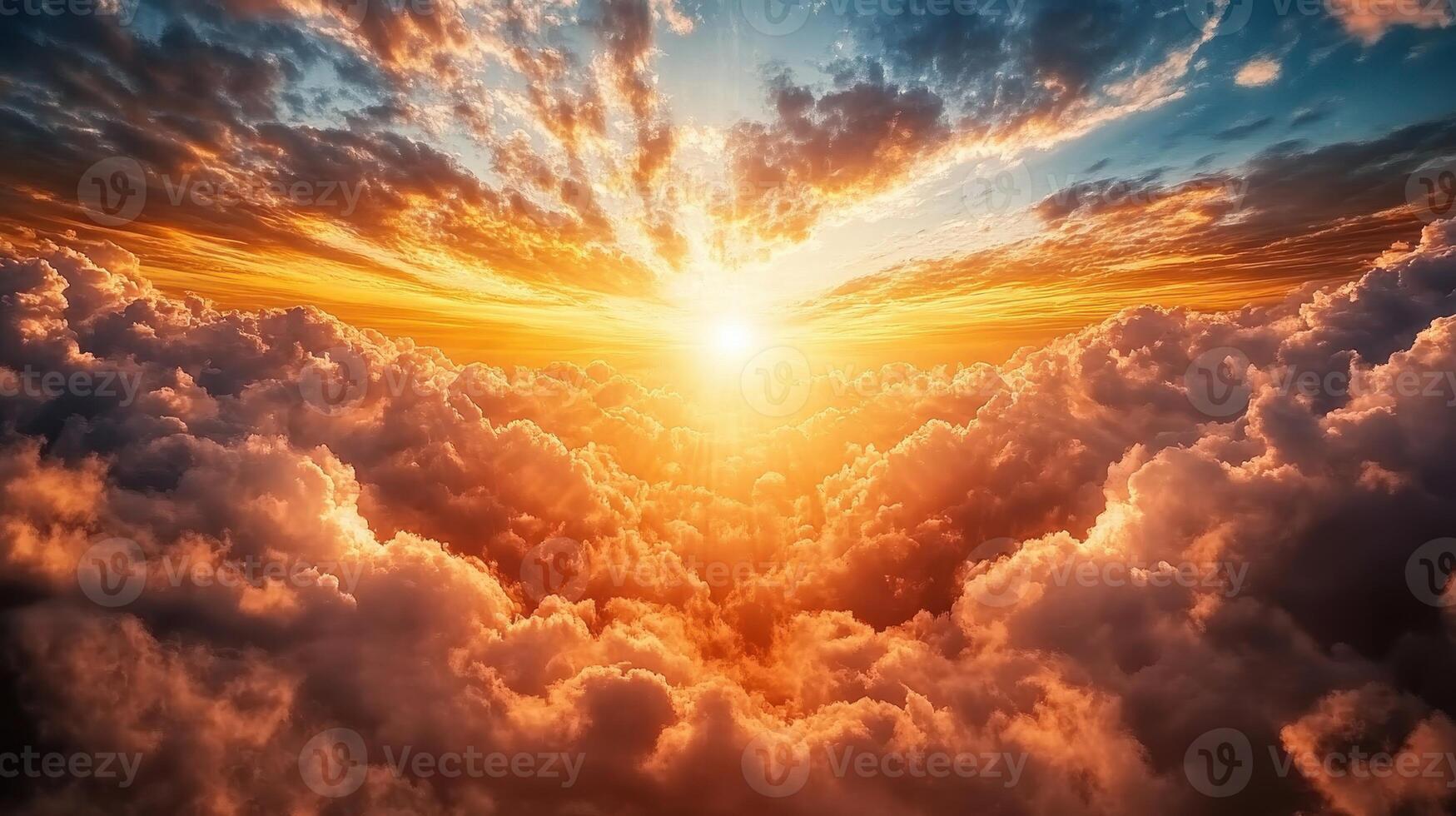 A breathtaking sunset over a sea of clouds, showcasing vibrant colors and dramatic lighting, evoking a sense of wonder and tranquility. photo