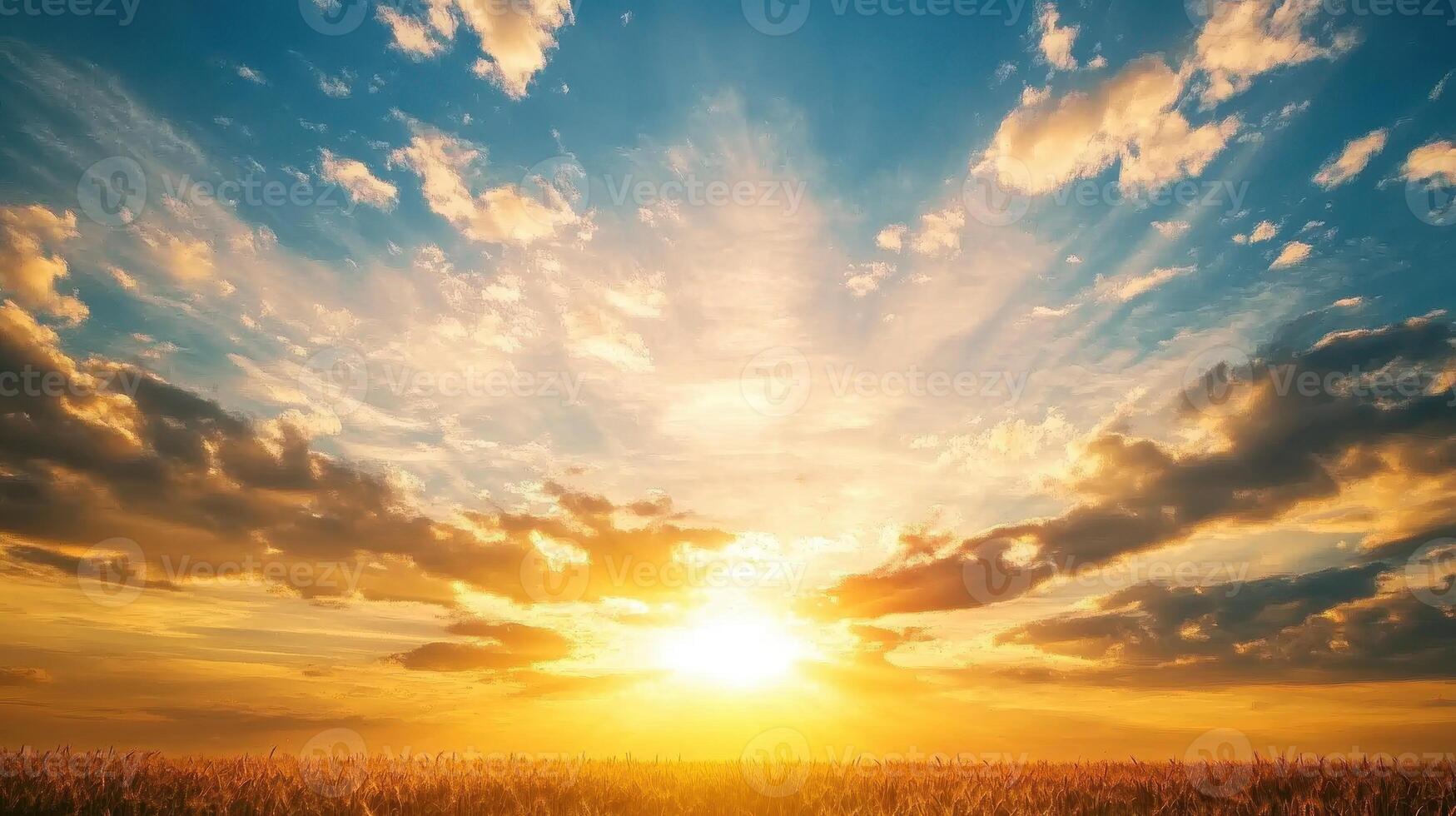 Golden sunrise illuminating a vast field under a dramatic sky filled with clouds, evoking a sense of peace and tranquility. photo