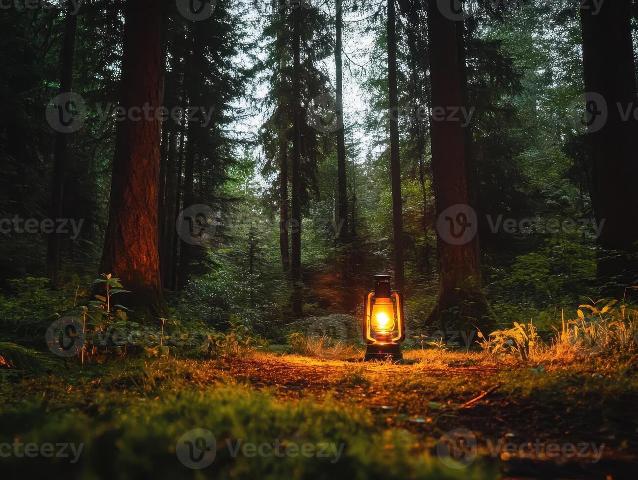 A lantern illuminates a dark forest path surrounded by tall trees, creating a serene and mysterious atmosphere. photo