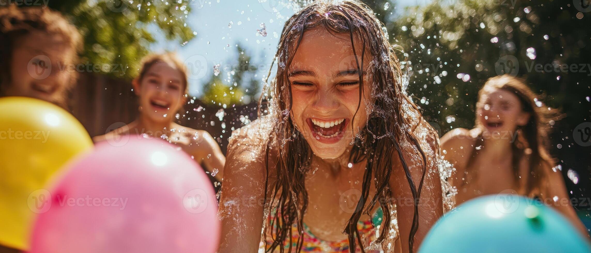 Joyful children playing in water, surrounded by colorful balloons on a sunny day, capturing the essence of summer fun. photo