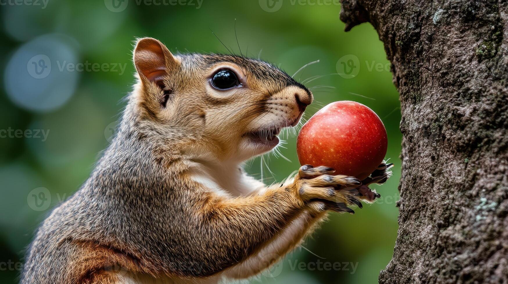 Squirrel holding a red fruit while perched on a tree, showcasing its detailed fur and curious expression against a blurred green background. photo