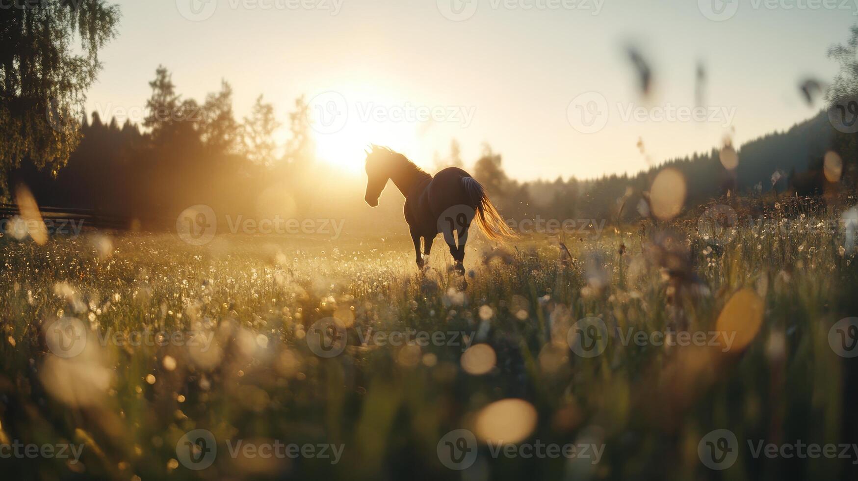 A horse walks through a sunlit field, surrounded by tall grass and soft bokeh effects, creating a serene and tranquil atmosphere. photo
