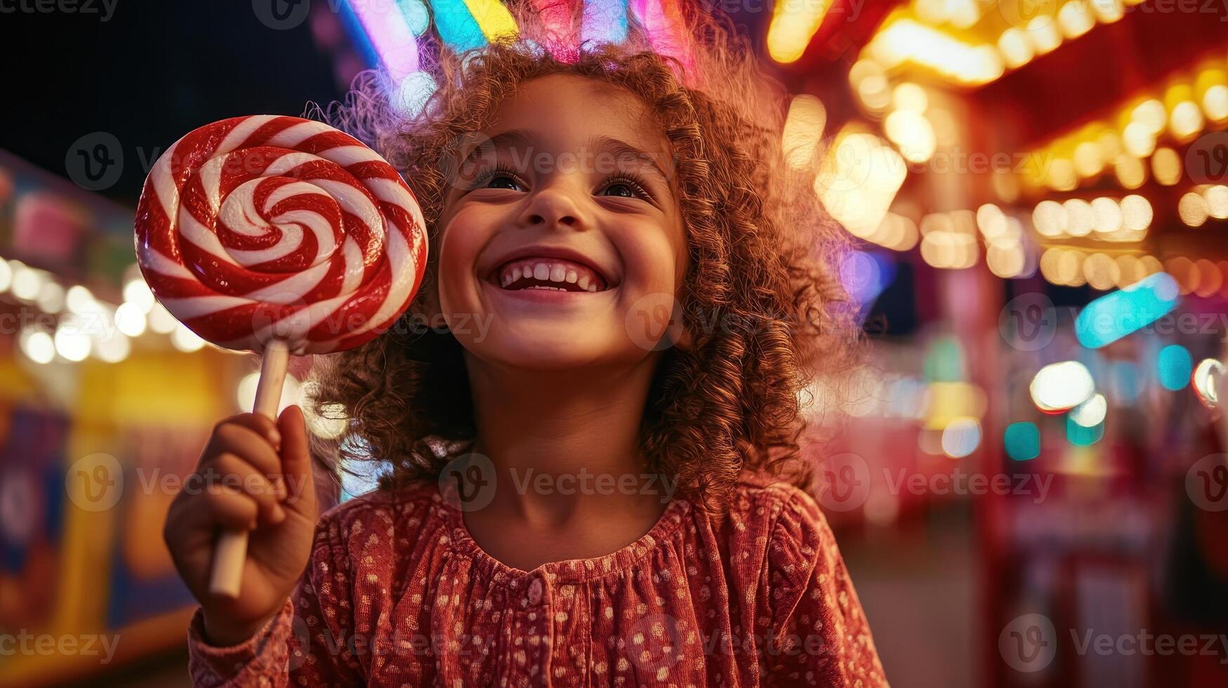 A joyful girl with curly hair holds a large lollipop, smiling brightly amidst colorful lights at a carnival. photo