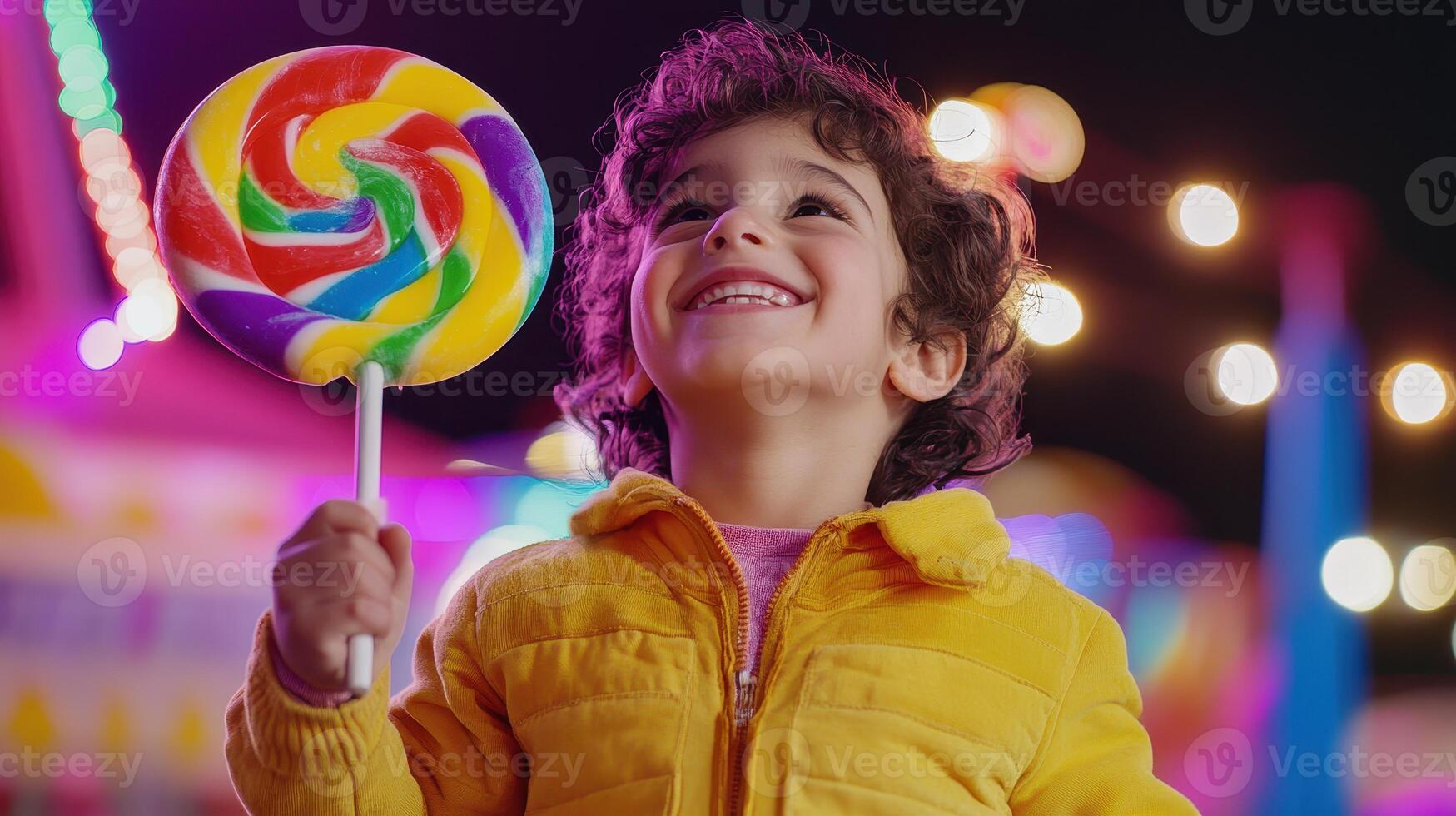 A joyful child holds a colorful lollipop, smiling brightly against a vibrant, illuminated background at a festive event. photo