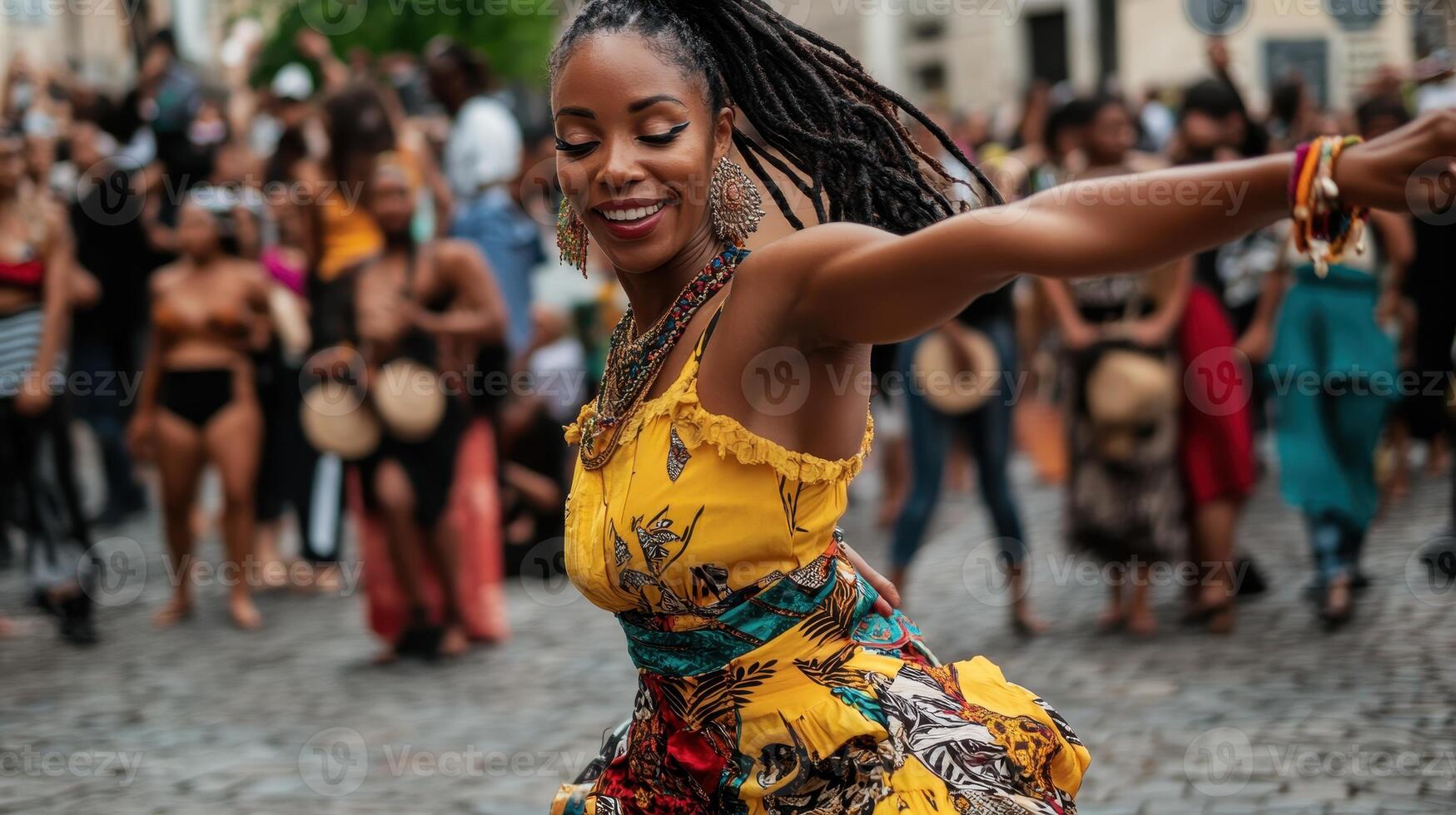 A vibrant dancer in a colorful outfit performs amidst a crowd, showcasing energy and cultural expression in a lively outdoor setting. photo