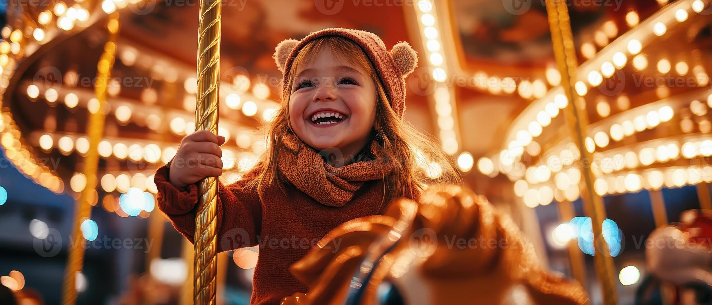 A joyful child rides a carousel, illuminated by warm lights, wearing a cozy sweater and hat, capturing the essence of childhood happiness. photo